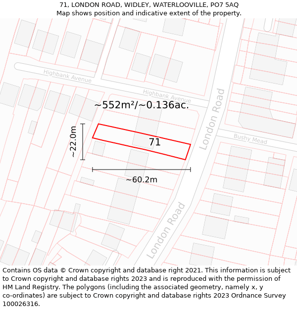 71, LONDON ROAD, WIDLEY, WATERLOOVILLE, PO7 5AQ: Plot and title map