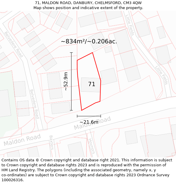 71, MALDON ROAD, DANBURY, CHELMSFORD, CM3 4QW: Plot and title map