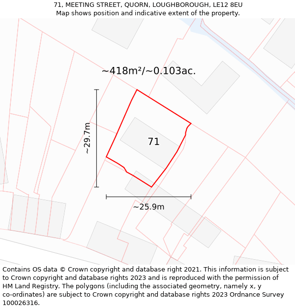 71, MEETING STREET, QUORN, LOUGHBOROUGH, LE12 8EU: Plot and title map