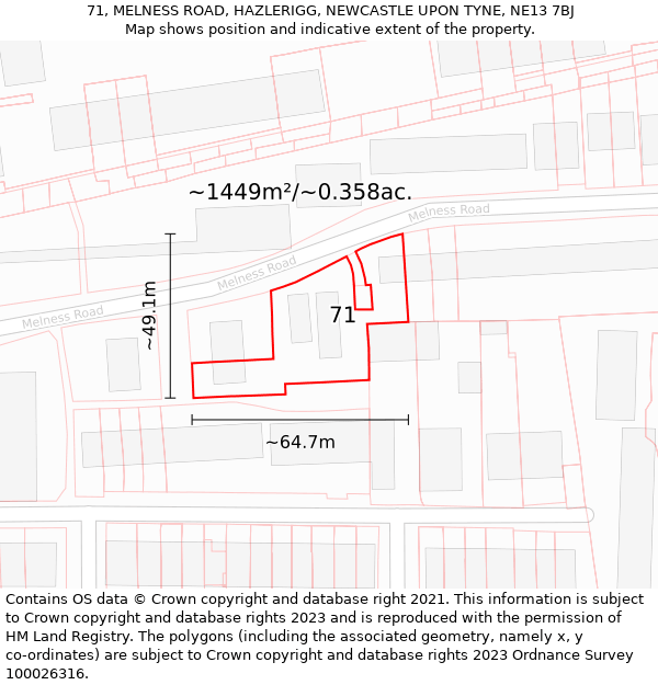 71, MELNESS ROAD, HAZLERIGG, NEWCASTLE UPON TYNE, NE13 7BJ: Plot and title map