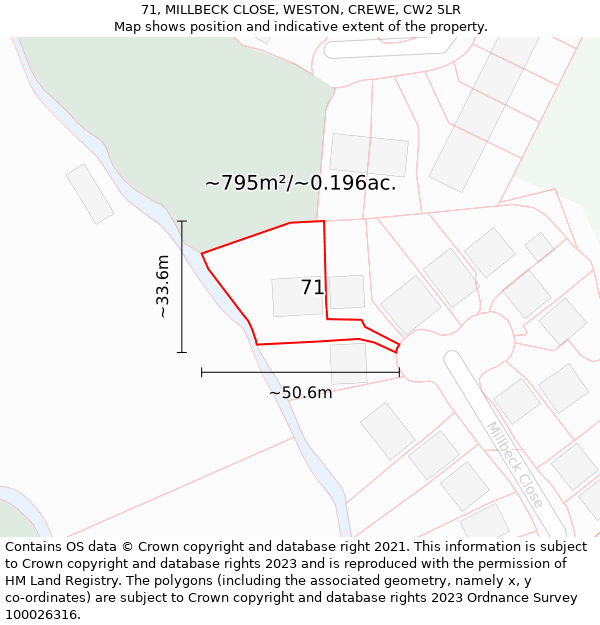 71, MILLBECK CLOSE, WESTON, CREWE, CW2 5LR: Plot and title map