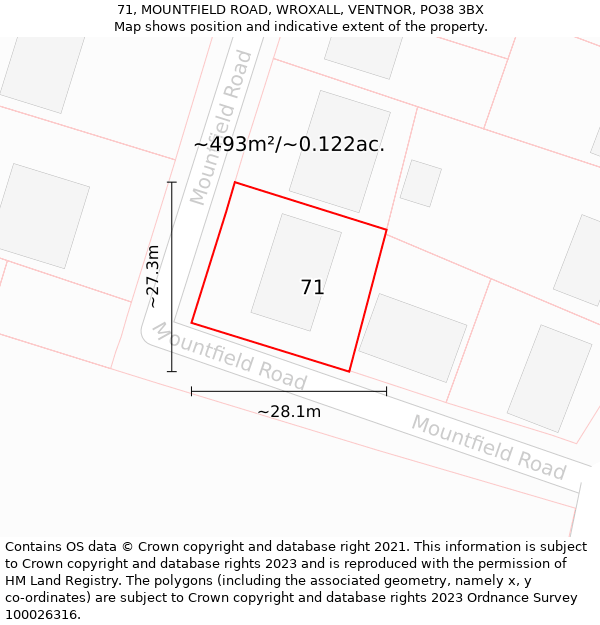 71, MOUNTFIELD ROAD, WROXALL, VENTNOR, PO38 3BX: Plot and title map