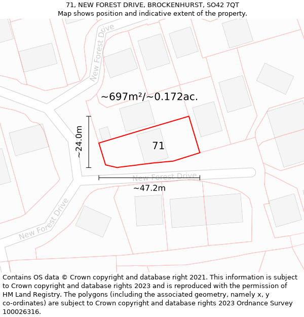 71, NEW FOREST DRIVE, BROCKENHURST, SO42 7QT: Plot and title map