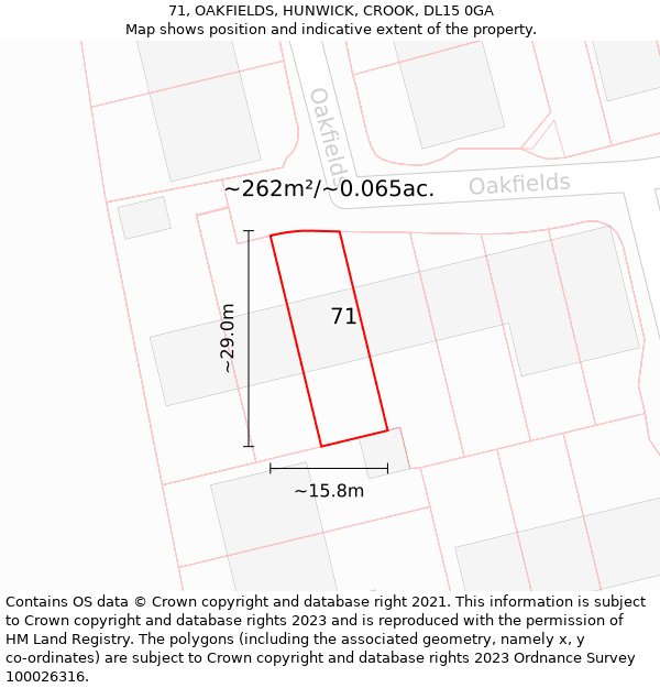 71, OAKFIELDS, HUNWICK, CROOK, DL15 0GA: Plot and title map