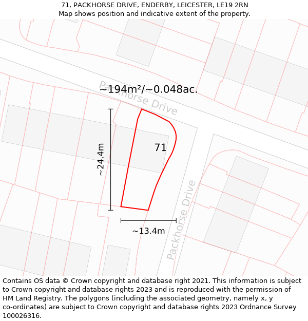 71, PACKHORSE DRIVE, ENDERBY, LEICESTER, LE19 2RN: Plot and title map