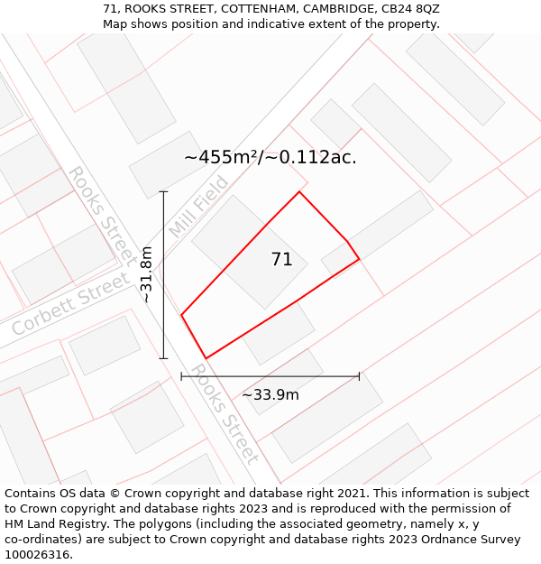 71, ROOKS STREET, COTTENHAM, CAMBRIDGE, CB24 8QZ: Plot and title map