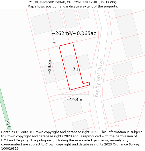 71, RUSHYFORD DRIVE, CHILTON, FERRYHILL, DL17 0EQ: Plot and title map