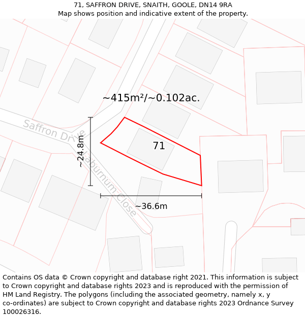 71, SAFFRON DRIVE, SNAITH, GOOLE, DN14 9RA: Plot and title map