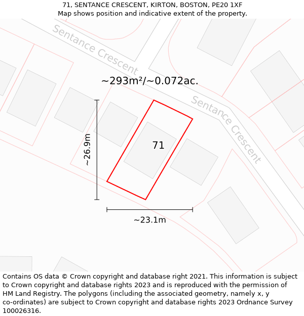 71, SENTANCE CRESCENT, KIRTON, BOSTON, PE20 1XF: Plot and title map