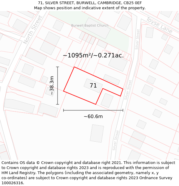 71, SILVER STREET, BURWELL, CAMBRIDGE, CB25 0EF: Plot and title map