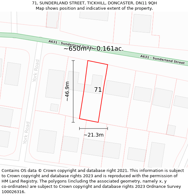 71, SUNDERLAND STREET, TICKHILL, DONCASTER, DN11 9QH: Plot and title map