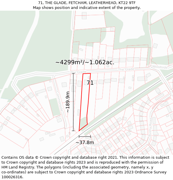 71, THE GLADE, FETCHAM, LEATHERHEAD, KT22 9TF: Plot and title map