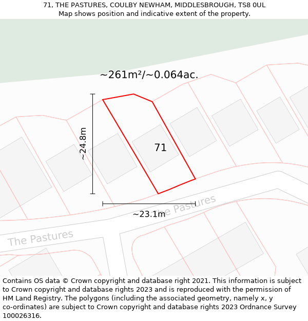 71, THE PASTURES, COULBY NEWHAM, MIDDLESBROUGH, TS8 0UL: Plot and title map