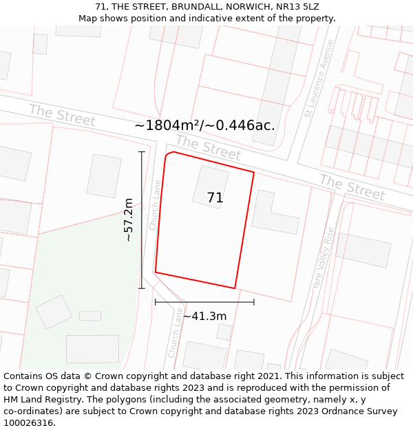 71, THE STREET, BRUNDALL, NORWICH, NR13 5LZ: Plot and title map