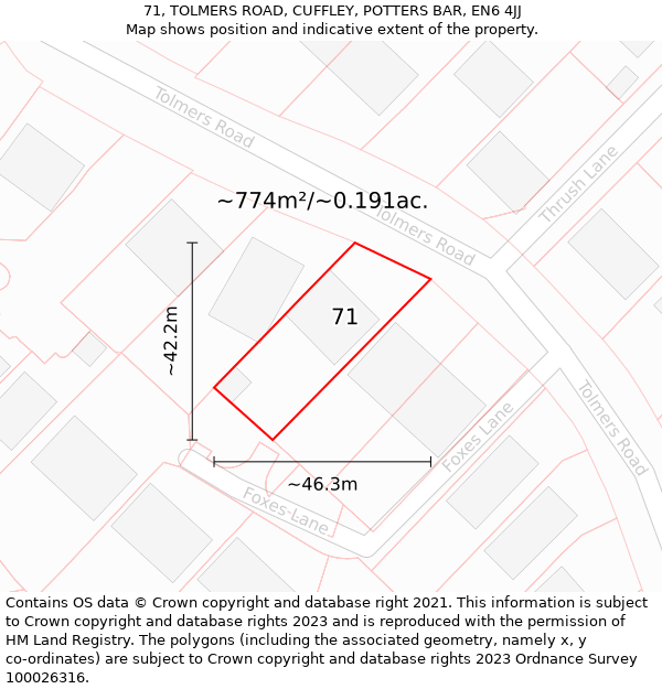 71, TOLMERS ROAD, CUFFLEY, POTTERS BAR, EN6 4JJ: Plot and title map