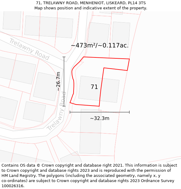 71, TRELAWNY ROAD, MENHENIOT, LISKEARD, PL14 3TS: Plot and title map