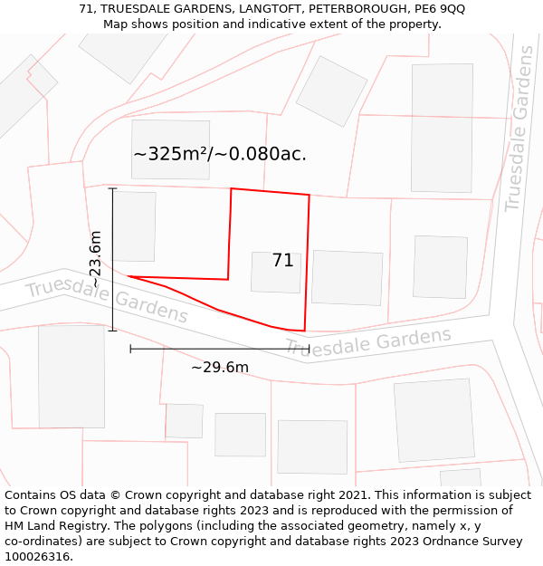 71, TRUESDALE GARDENS, LANGTOFT, PETERBOROUGH, PE6 9QQ: Plot and title map