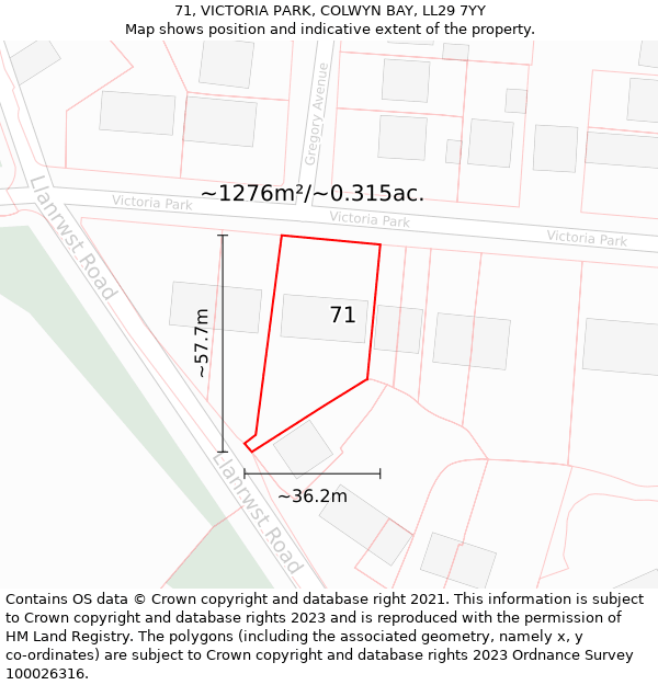 71, VICTORIA PARK, COLWYN BAY, LL29 7YY: Plot and title map
