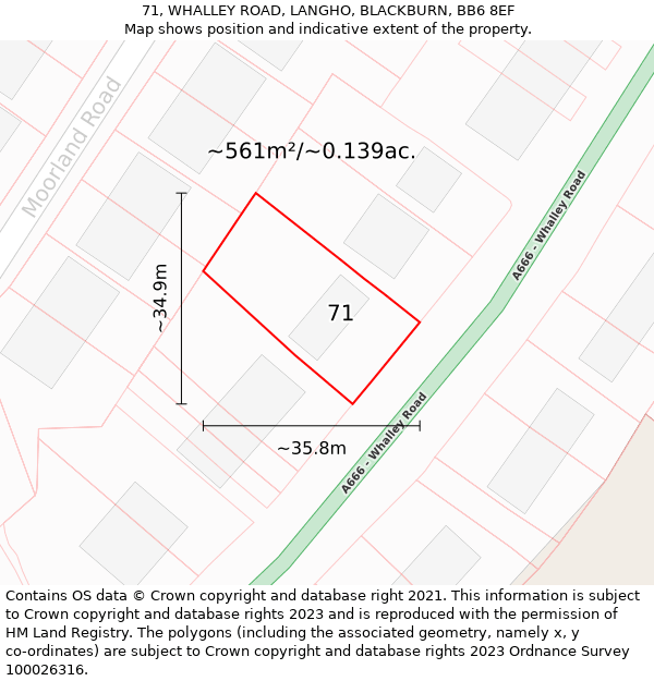 71, WHALLEY ROAD, LANGHO, BLACKBURN, BB6 8EF: Plot and title map