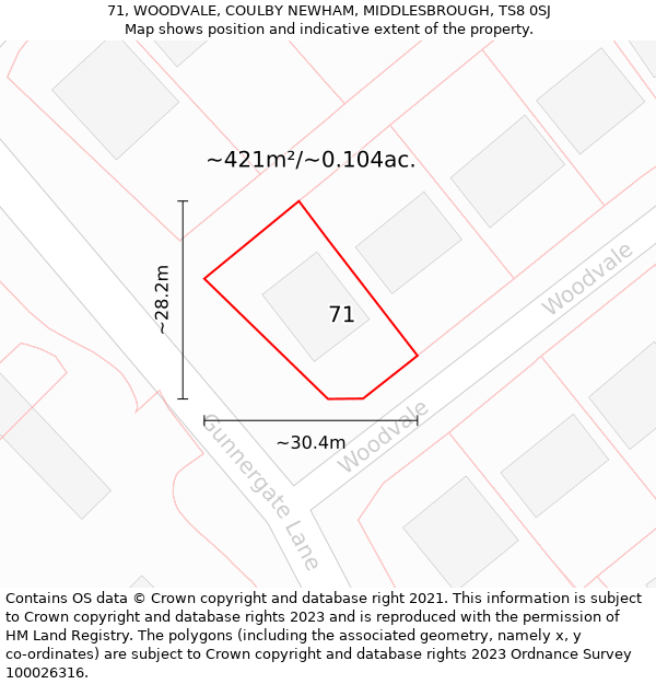 71, WOODVALE, COULBY NEWHAM, MIDDLESBROUGH, TS8 0SJ: Plot and title map