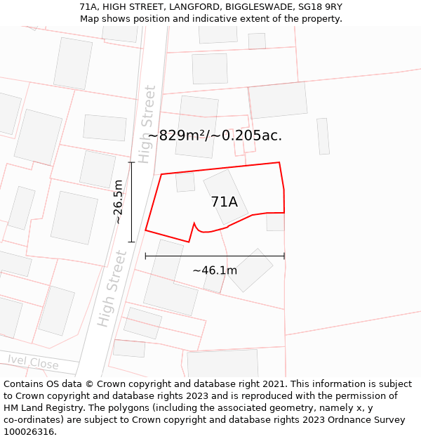 71A, HIGH STREET, LANGFORD, BIGGLESWADE, SG18 9RY: Plot and title map