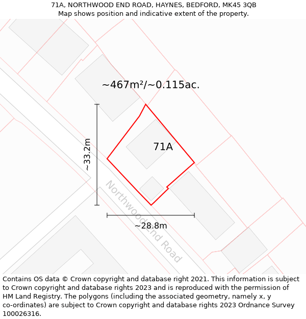 71A, NORTHWOOD END ROAD, HAYNES, BEDFORD, MK45 3QB: Plot and title map