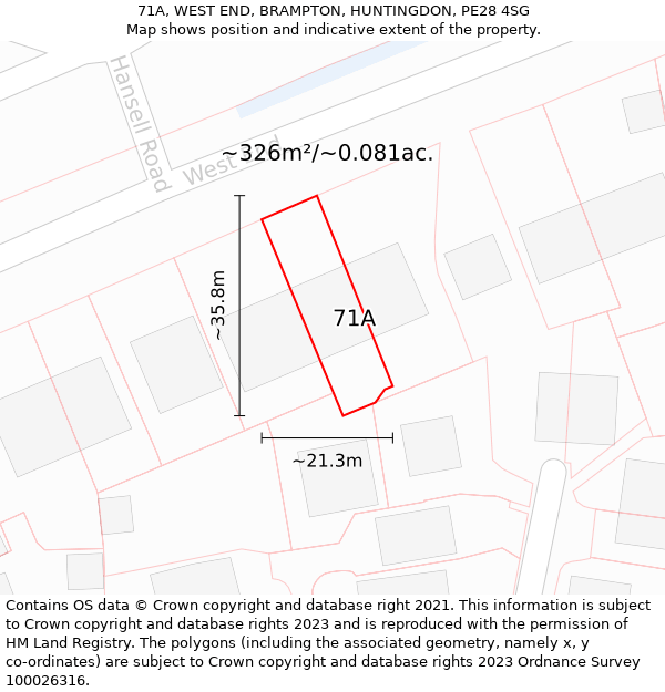 71A, WEST END, BRAMPTON, HUNTINGDON, PE28 4SG: Plot and title map