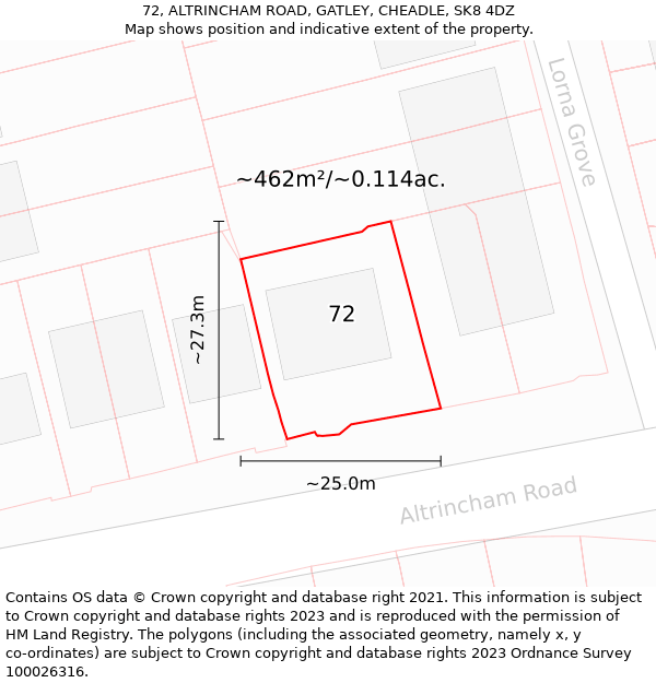 72, ALTRINCHAM ROAD, GATLEY, CHEADLE, SK8 4DZ: Plot and title map