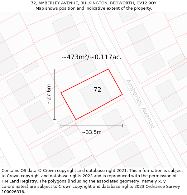 72, AMBERLEY AVENUE, BULKINGTON, BEDWORTH, CV12 9QY: Plot and title map