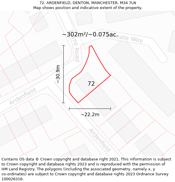 72, ARDENFIELD, DENTON, MANCHESTER, M34 7LN: Plot and title map