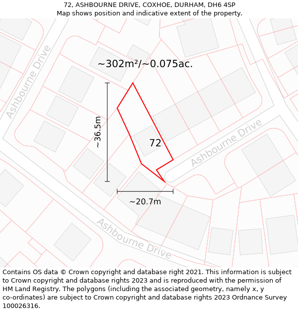 72, ASHBOURNE DRIVE, COXHOE, DURHAM, DH6 4SP: Plot and title map