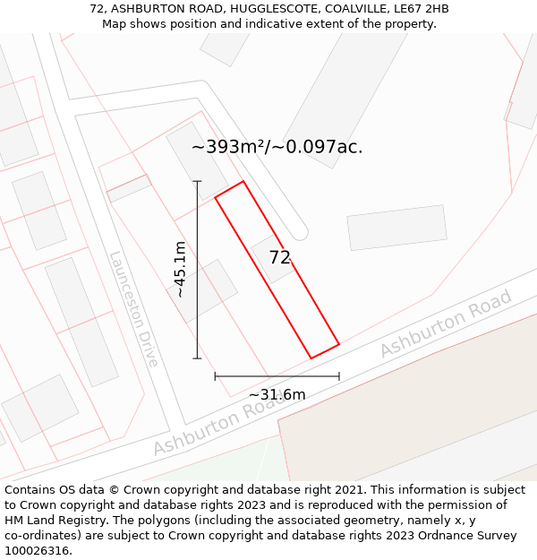 72, ASHBURTON ROAD, HUGGLESCOTE, COALVILLE, LE67 2HB: Plot and title map