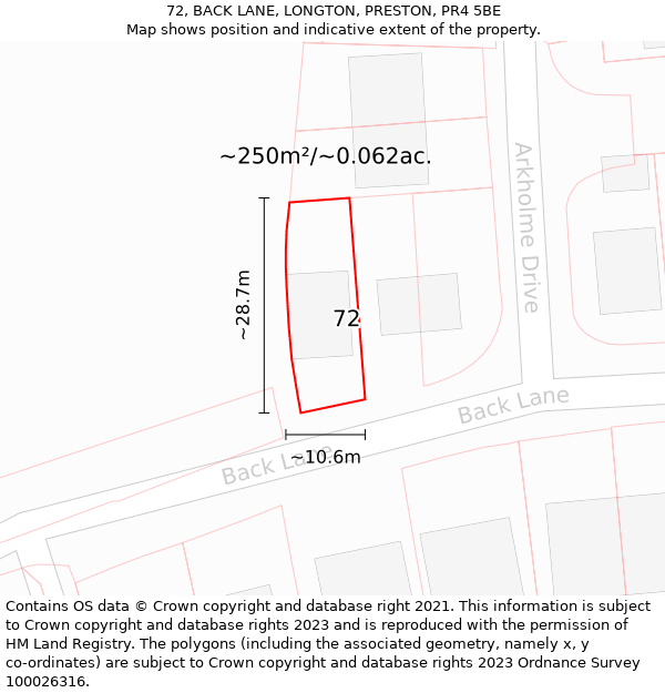 72, BACK LANE, LONGTON, PRESTON, PR4 5BE: Plot and title map