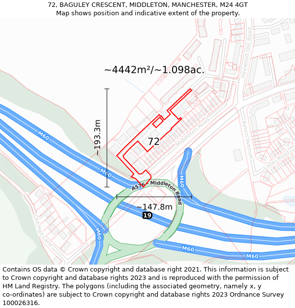 72, BAGULEY CRESCENT, MIDDLETON, MANCHESTER, M24 4GT: Plot and title map