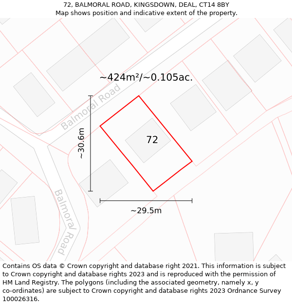 72, BALMORAL ROAD, KINGSDOWN, DEAL, CT14 8BY: Plot and title map