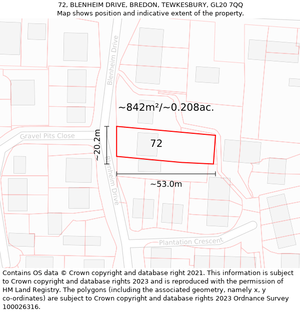 72, BLENHEIM DRIVE, BREDON, TEWKESBURY, GL20 7QQ: Plot and title map