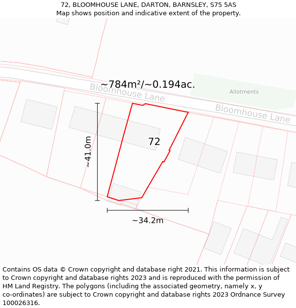 72, BLOOMHOUSE LANE, DARTON, BARNSLEY, S75 5AS: Plot and title map