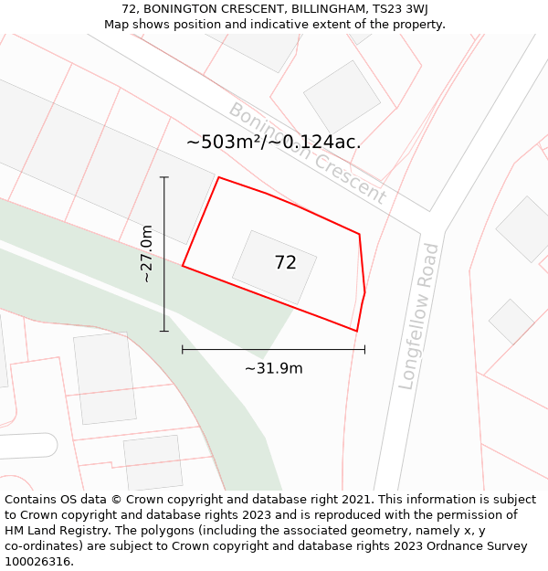 72, BONINGTON CRESCENT, BILLINGHAM, TS23 3WJ: Plot and title map