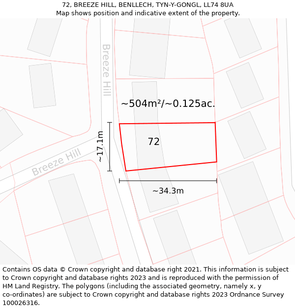 72, BREEZE HILL, BENLLECH, TYN-Y-GONGL, LL74 8UA: Plot and title map