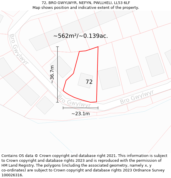 72, BRO GWYLWYR, NEFYN, PWLLHELI, LL53 6LF: Plot and title map