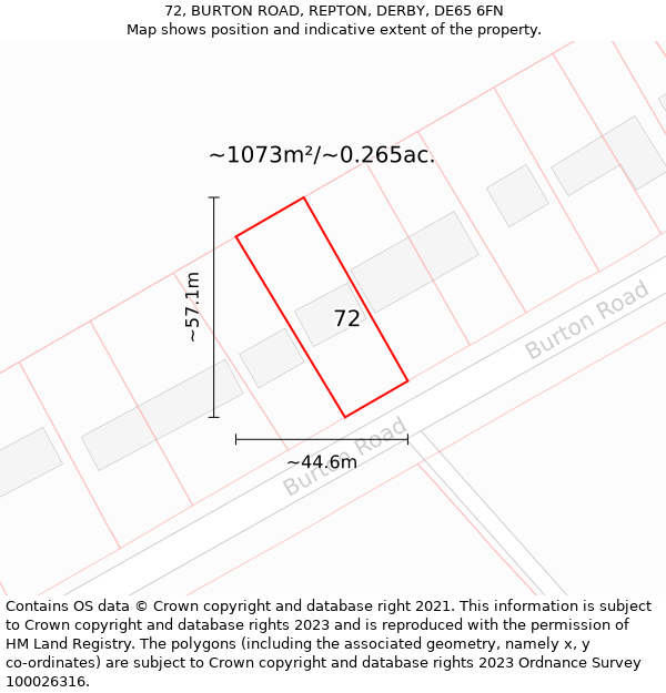 72, BURTON ROAD, REPTON, DERBY, DE65 6FN: Plot and title map