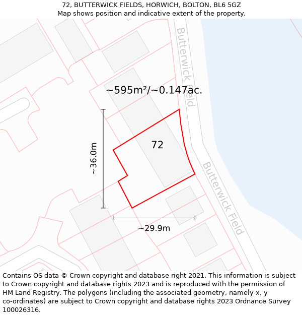 72, BUTTERWICK FIELDS, HORWICH, BOLTON, BL6 5GZ: Plot and title map