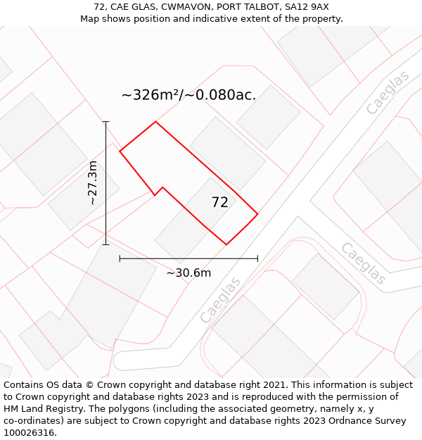 72, CAE GLAS, CWMAVON, PORT TALBOT, SA12 9AX: Plot and title map