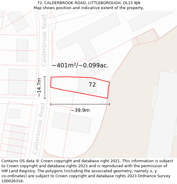 72, CALDERBROOK ROAD, LITTLEBOROUGH, OL15 9JN: Plot and title map