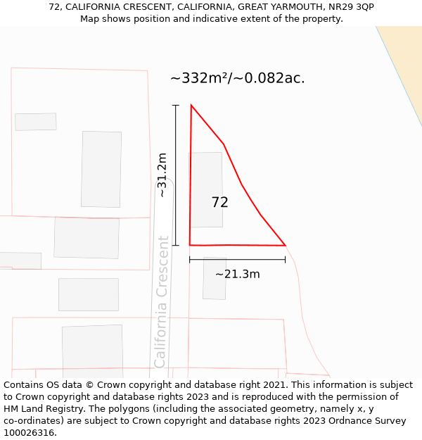 72, CALIFORNIA CRESCENT, CALIFORNIA, GREAT YARMOUTH, NR29 3QP: Plot and title map