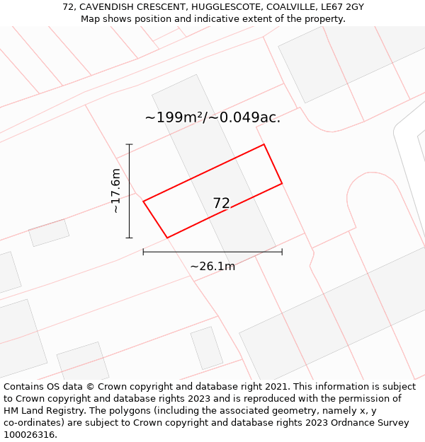 72, CAVENDISH CRESCENT, HUGGLESCOTE, COALVILLE, LE67 2GY: Plot and title map