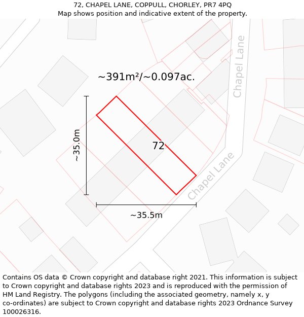 72, CHAPEL LANE, COPPULL, CHORLEY, PR7 4PQ: Plot and title map