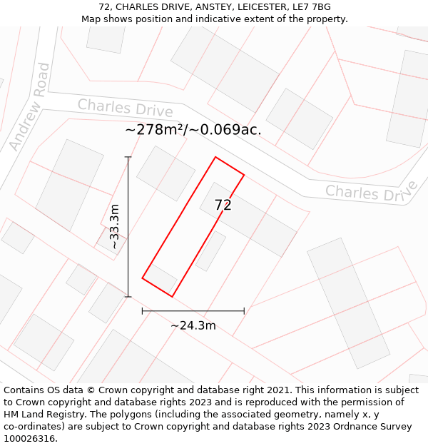 72, CHARLES DRIVE, ANSTEY, LEICESTER, LE7 7BG: Plot and title map