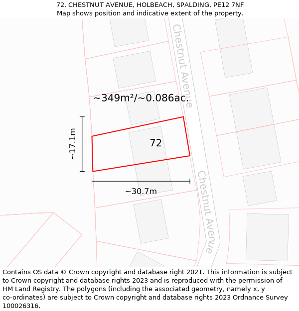 72, CHESTNUT AVENUE, HOLBEACH, SPALDING, PE12 7NF: Plot and title map