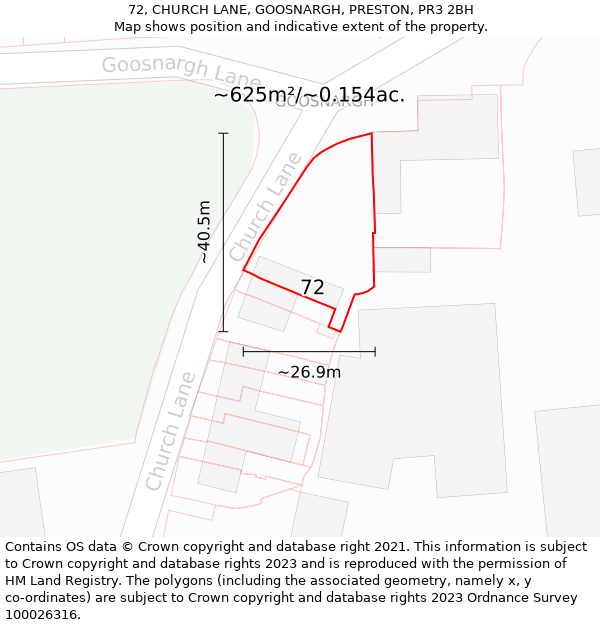 72, CHURCH LANE, GOOSNARGH, PRESTON, PR3 2BH: Plot and title map